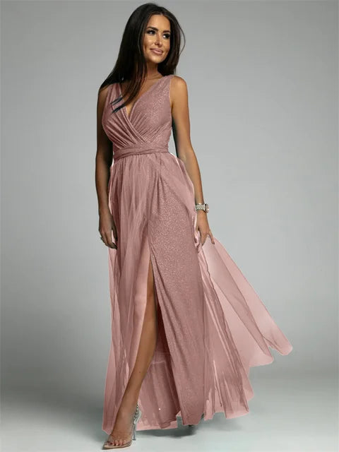 Robe Femme Longue Élégante Croisée Col V en Mélange de Polyester 2