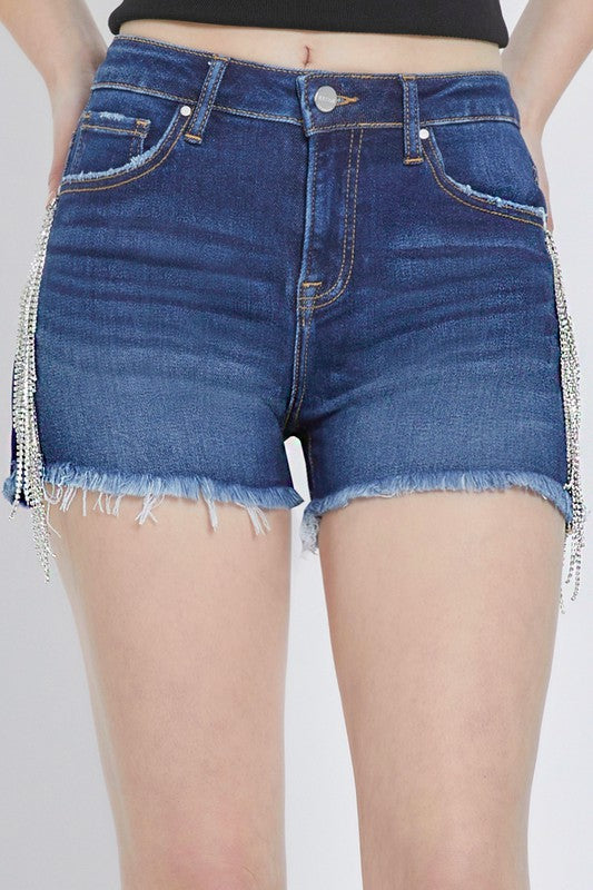 Shorts à Taille Haute avec Franges en Rhinestones 1