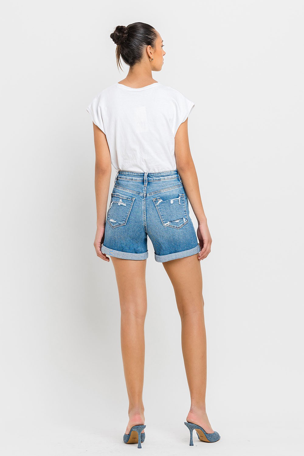 Shorts en Denim Taille Haute à Manches Roulées 2