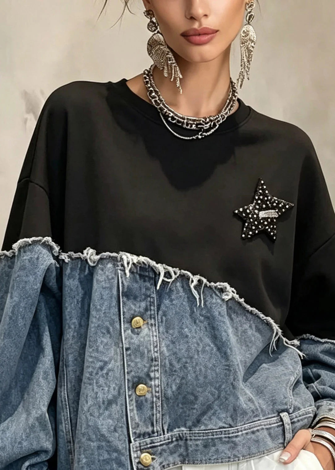 Sweat Shirt Femme Asymétrique Patchwork Boutonné 1
