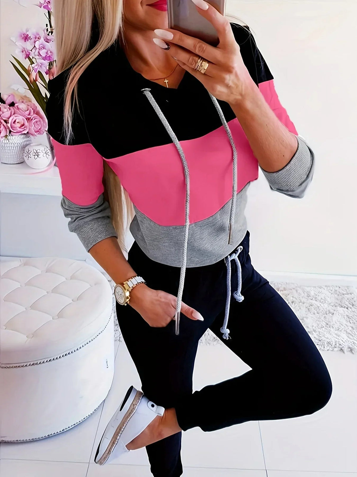 Sweat Shirt Femme Color Block Décontracté à Manches Longues 1