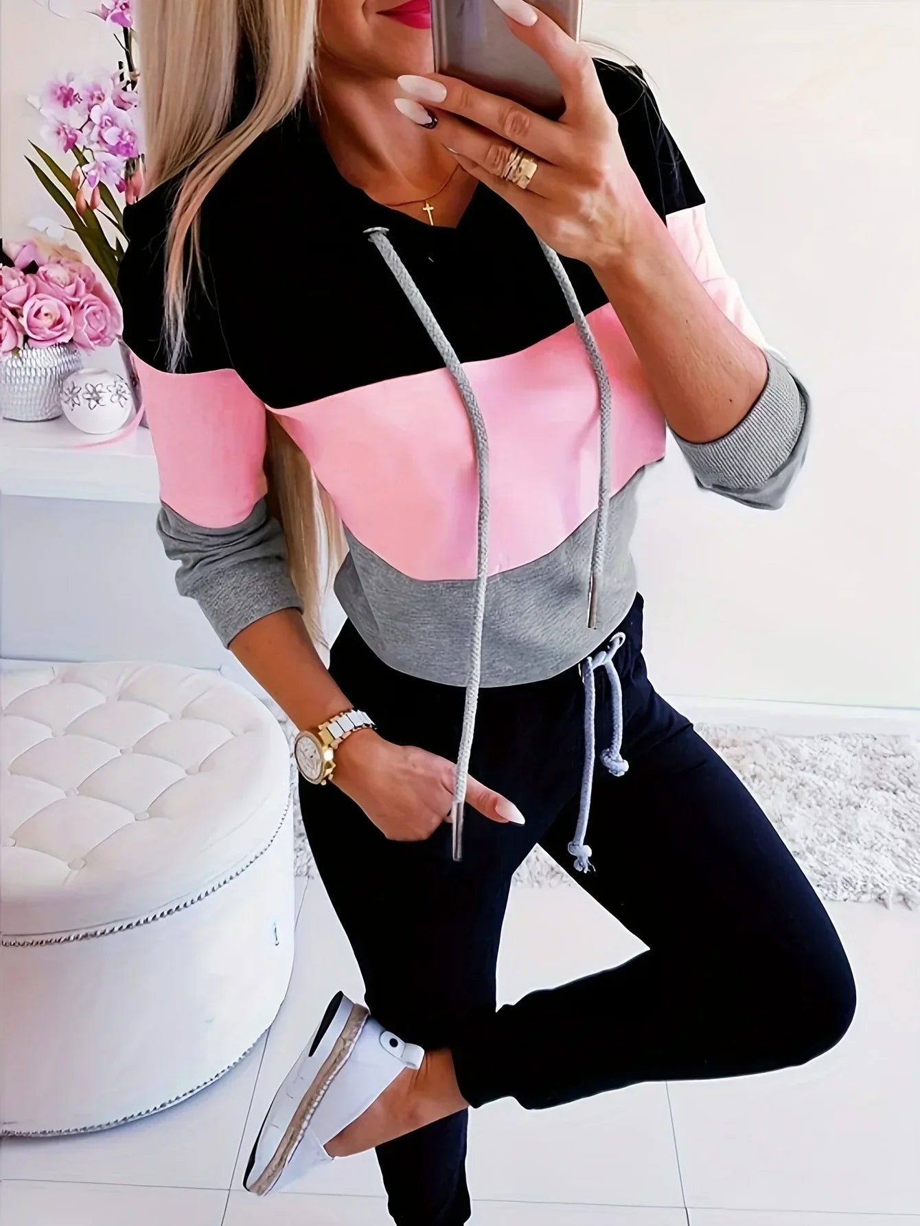 Sweat Shirt Femme Color Block Décontracté à Manches Longues 4