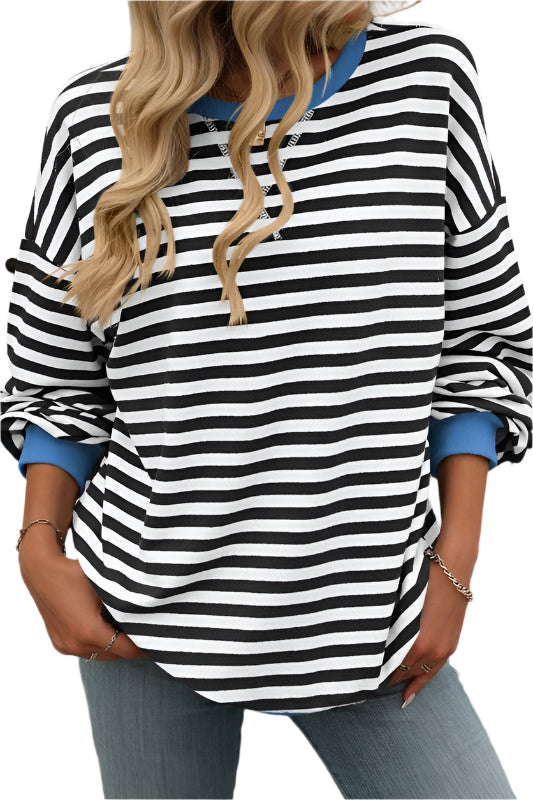 Sweatshirt Femme Col Rond Rayé Mélange Coton Polyester 0