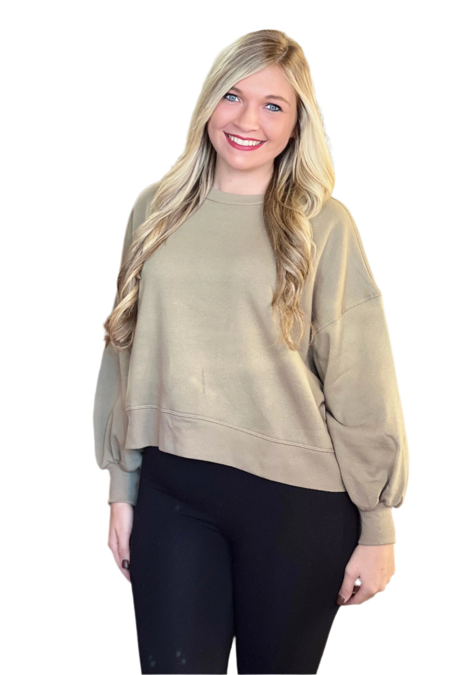 Sweatshirt à Manches Ballon pour Femme en Couleur Kaki 0