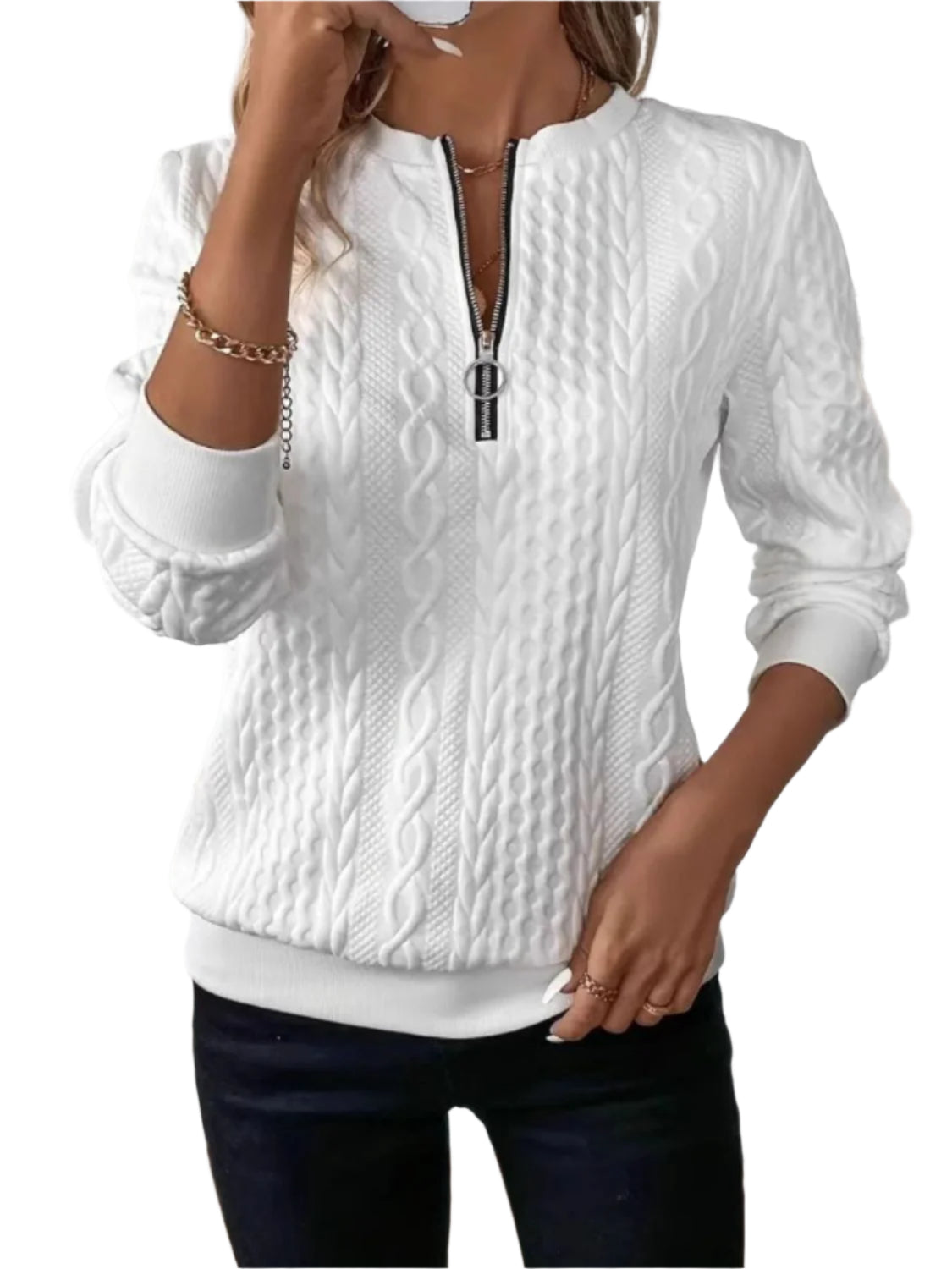 Sweatshirt à Manches Longues à Zip Demi Texture Femme 0