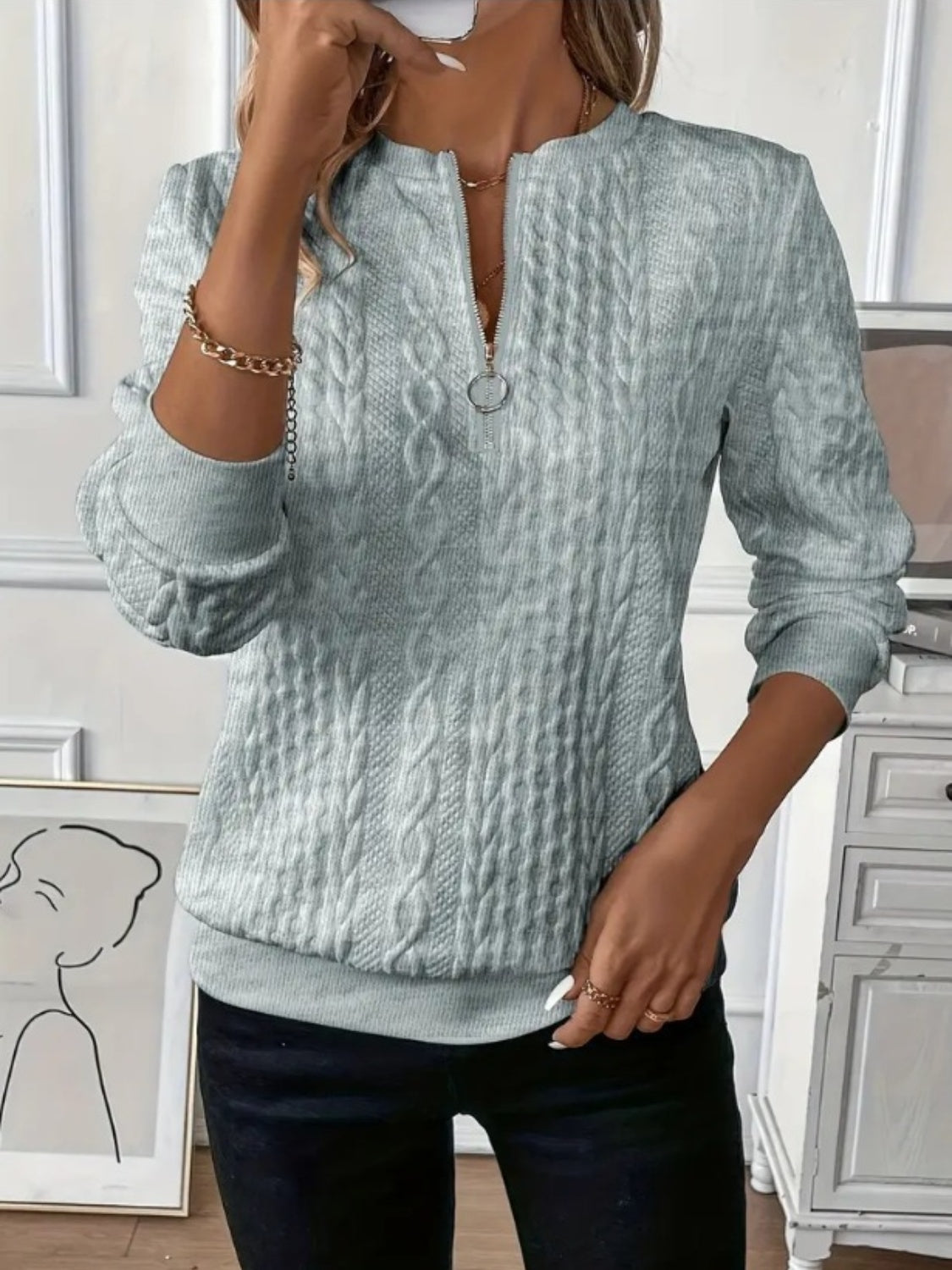 Sweatshirt à Manches Longues à Zip Demi Texture Femme 6