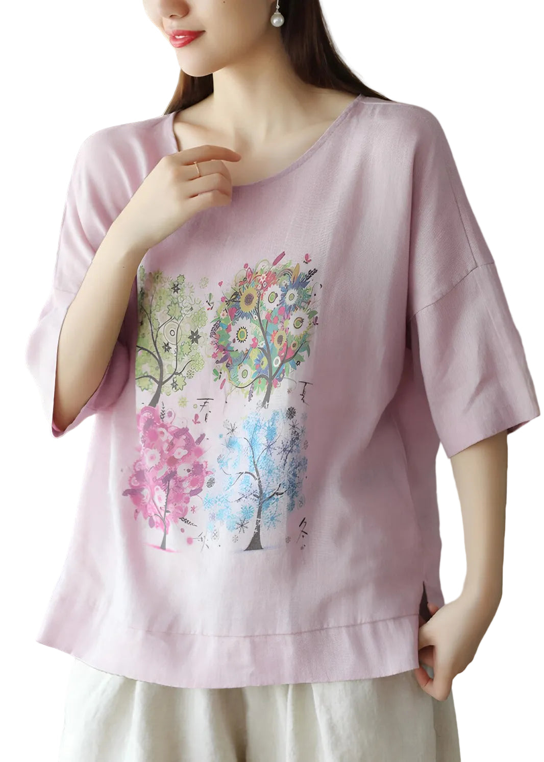 T-shirt Femme Ample Imprimé Rose Col Rond Décontracté Été 0