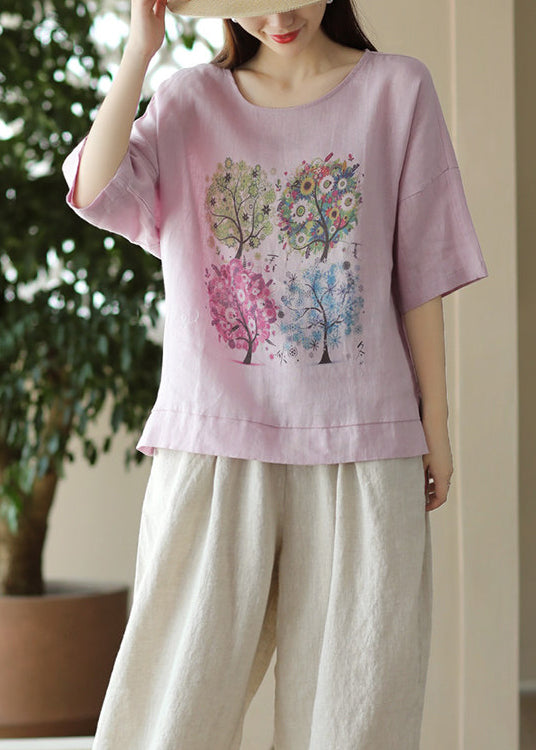 T-shirt Femme Ample Imprimé Rose Col Rond Décontracté Été 3