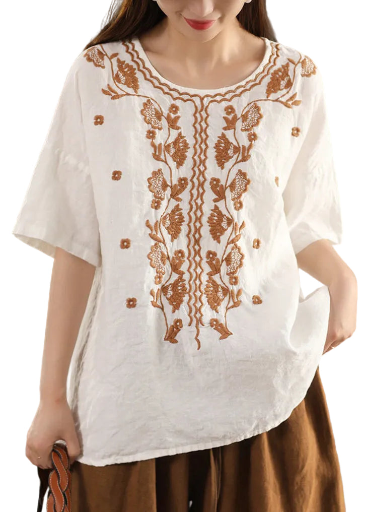 T-shirt Femme Brodé à la Main Col Rond Été 0