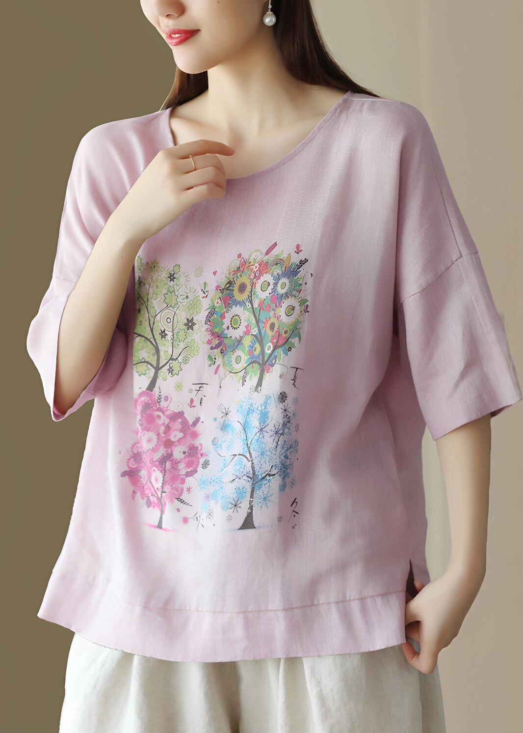 T-shirt Femme Col Rond Imprimé Coupe Ample Été 1