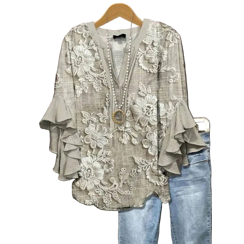 T-shirt Femme Floral à Manches Mi-Longues Volants Col en V 0