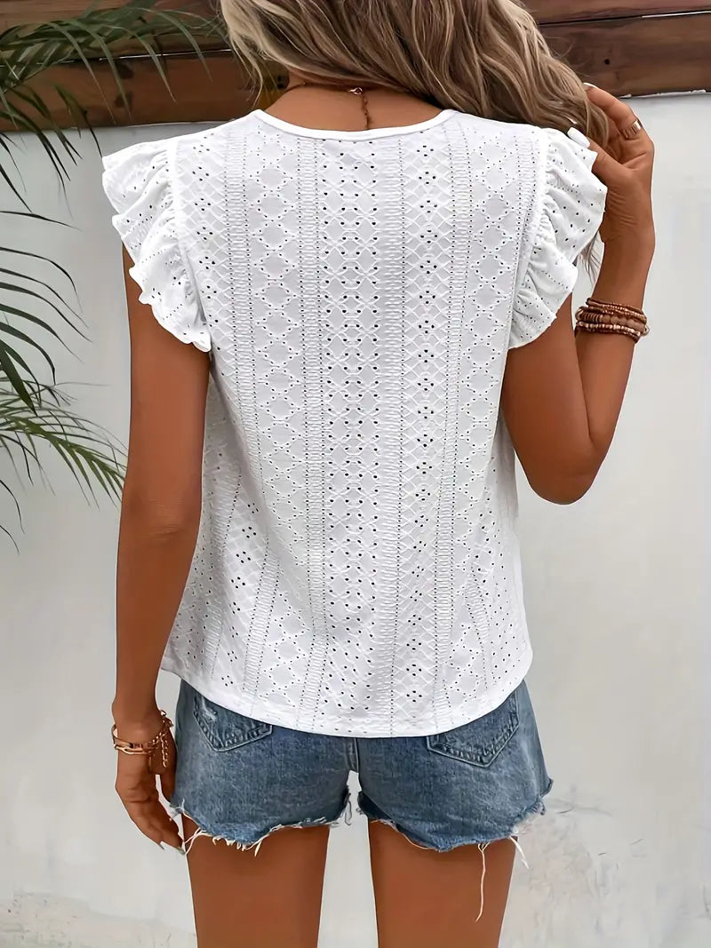 T-shirt Vintage Femme à Col Rond avec Volants 1