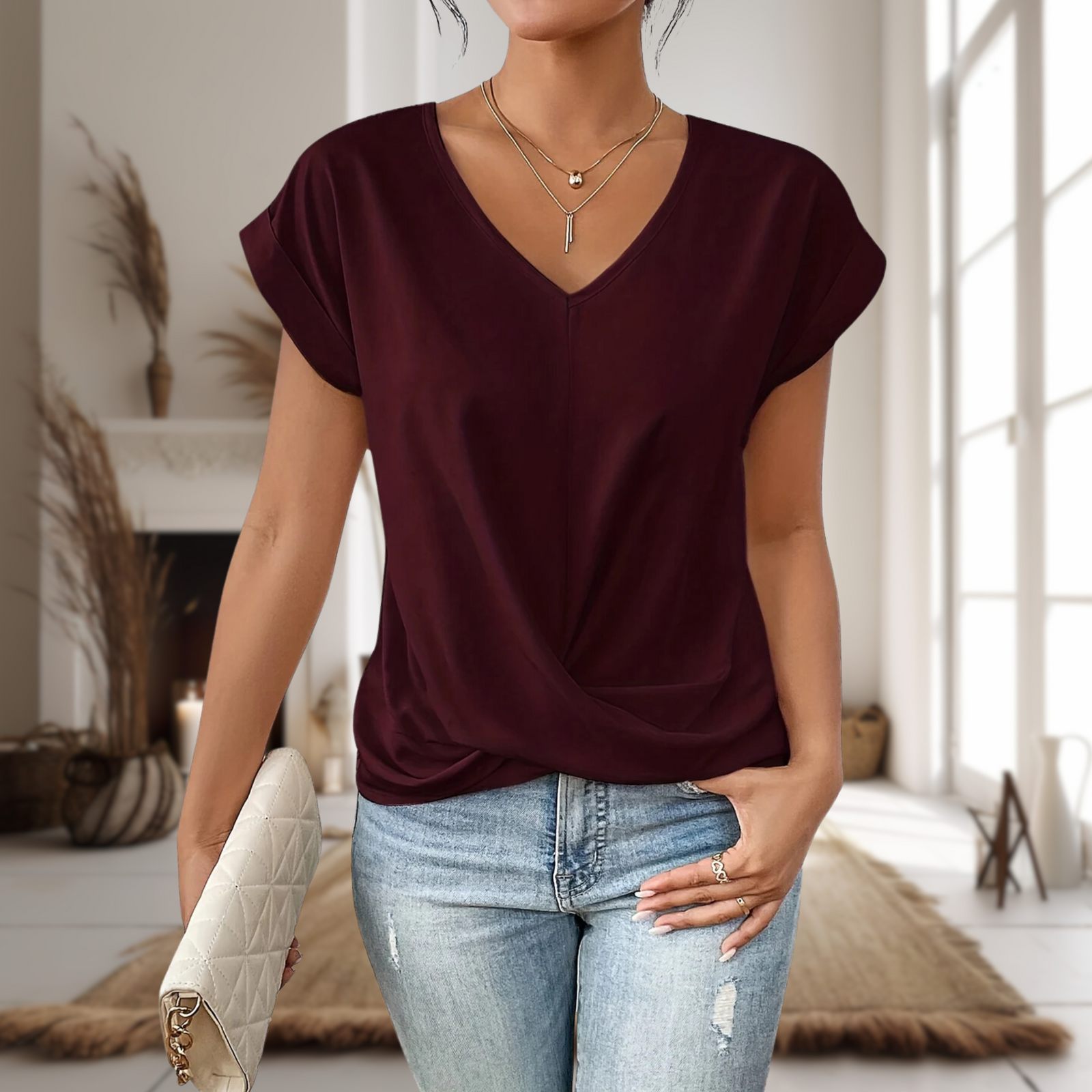 Tee Shirt Femme Col en Cœur Décontracté 0