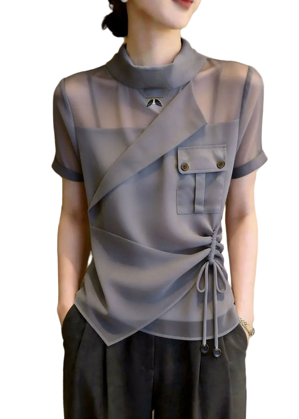 Top Femme Col Montant Asymétrique avec Cordon 0
