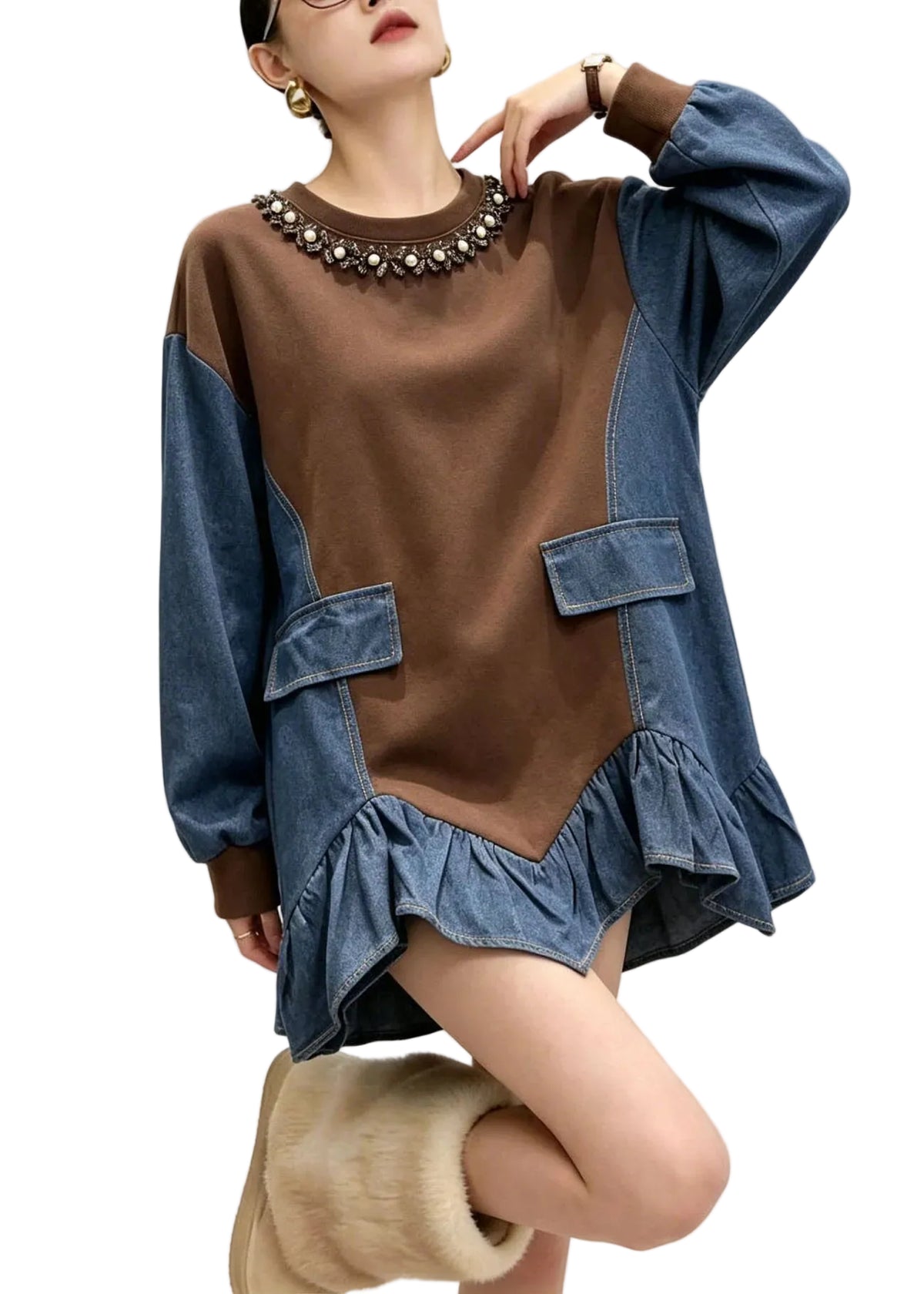 Top Femme Patchwork Asymétrique à Col Rond Automne 0