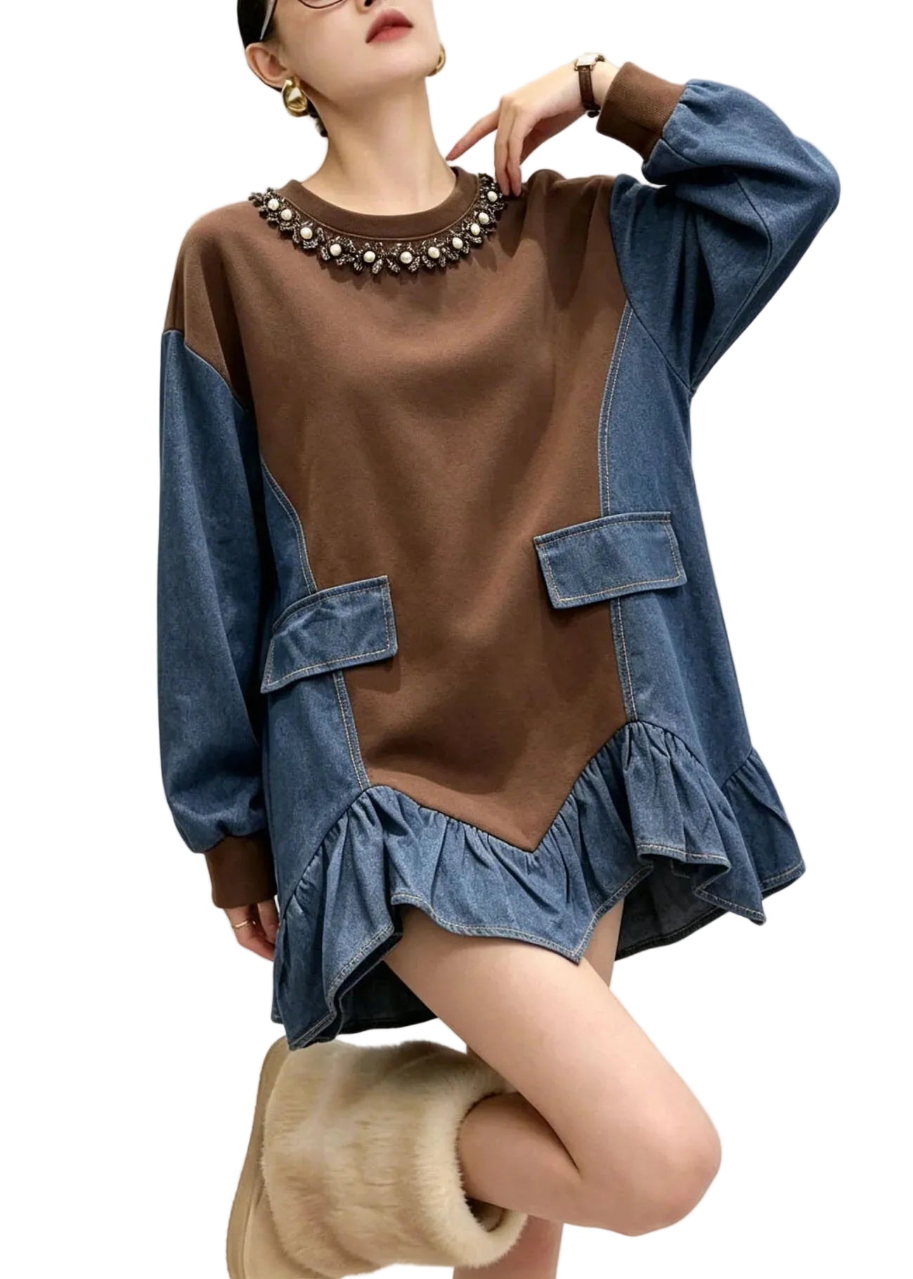 Top Femme Patchwork Asymétrique à Col Rond Automne 0
