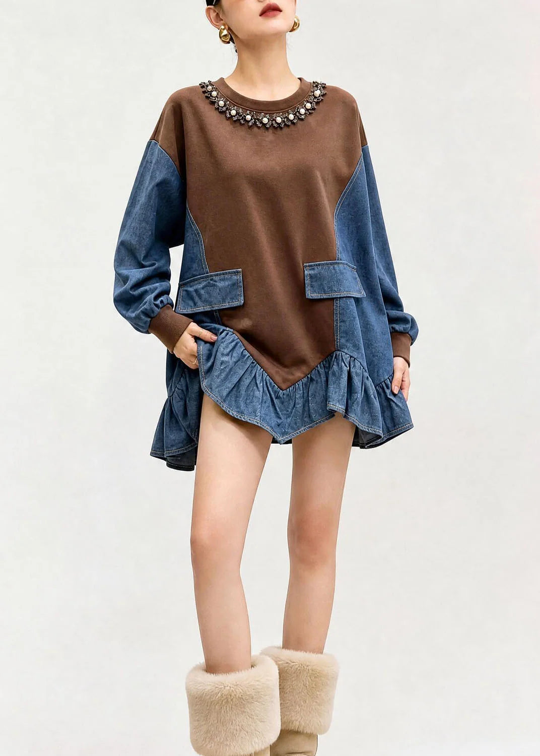 Top Femme Patchwork Asymétrique à Col Rond Automne 3