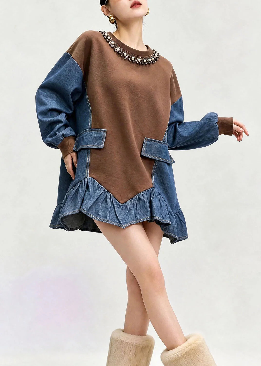 Top Femme Patchwork Asymétrique à Col Rond Automne 4