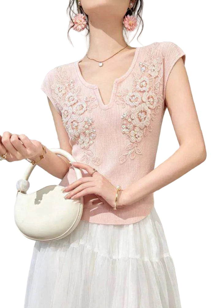 Top Femme Tricoté Col V Orné de Perles 1