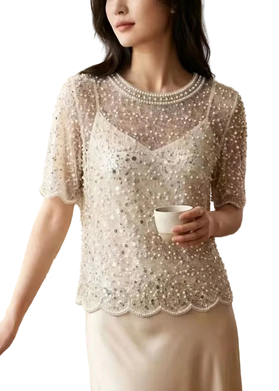 Top Femme Tulle à Paillettes et Perles Style Estival 0