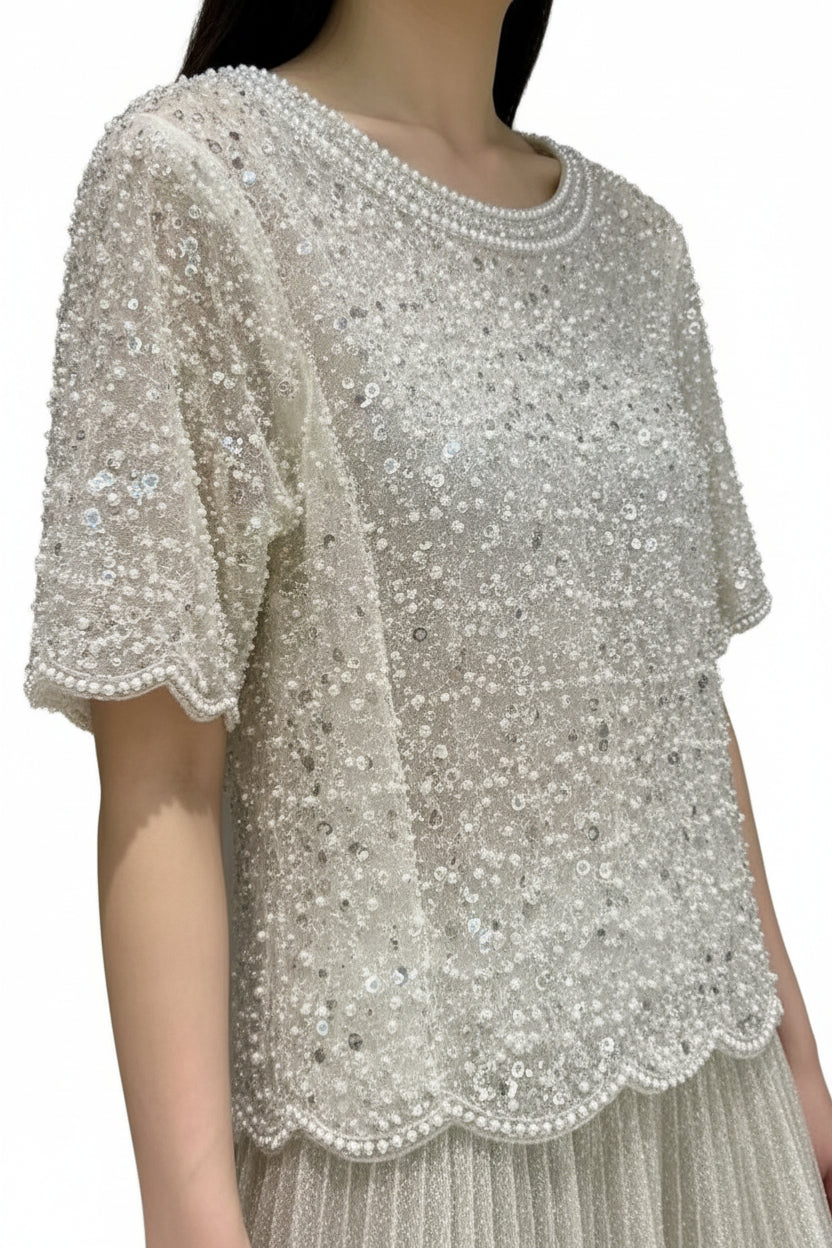 Top Femme en Tulle Perlé à Paillettes Blancs 0