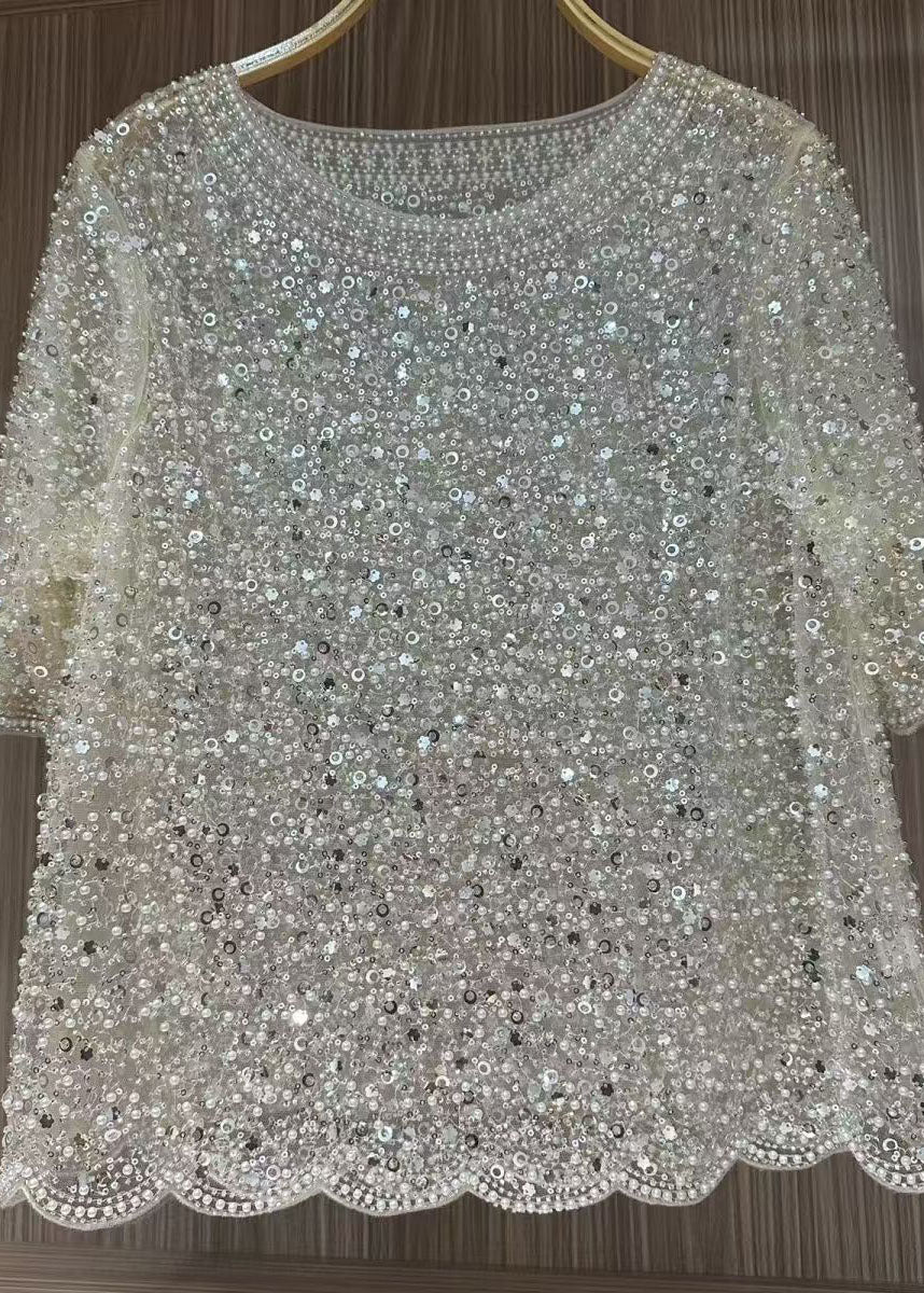 Top Femme en Tulle Perlé à Paillettes Blancs 1