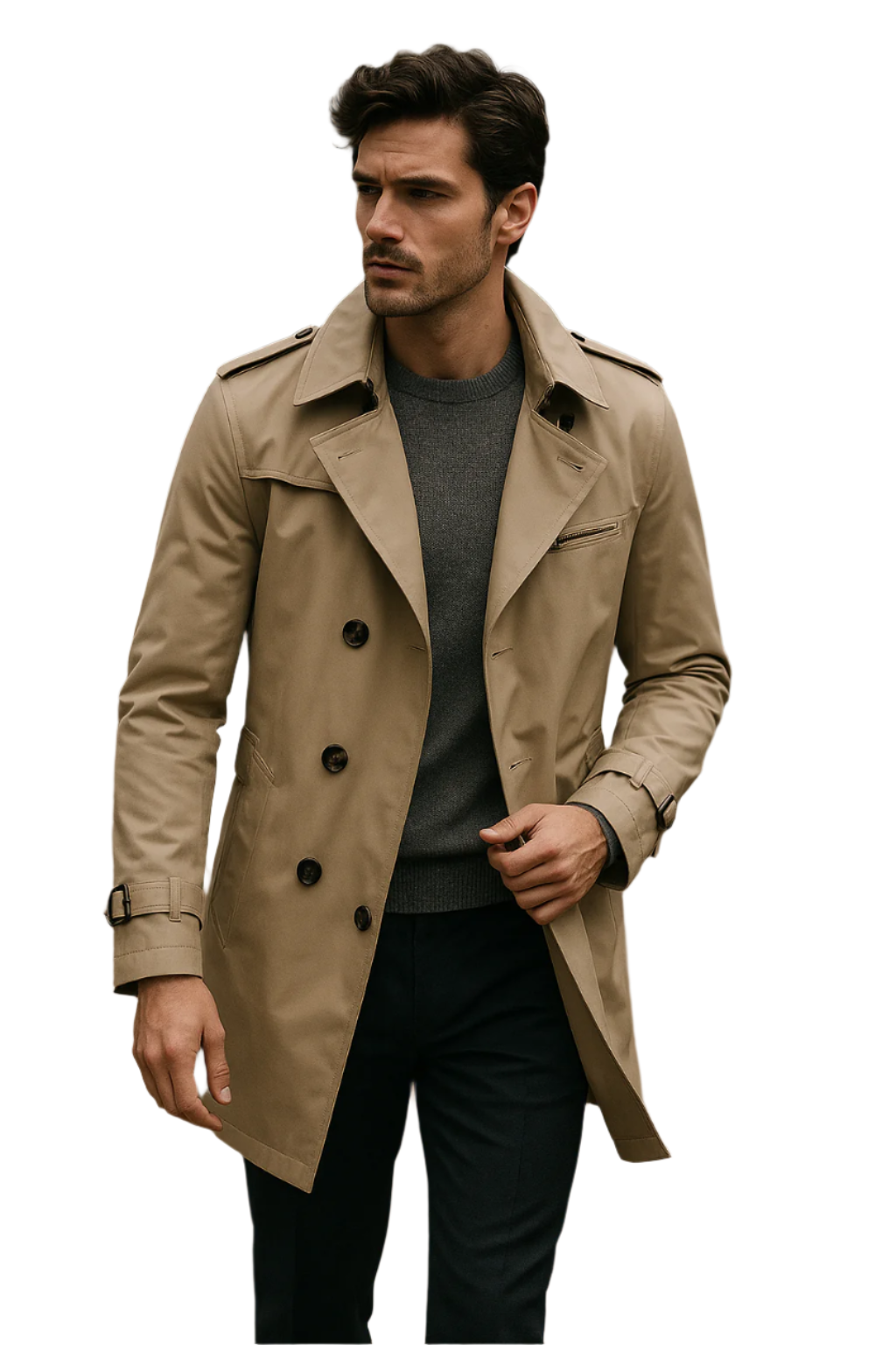 Trench Coat Homme Double Boutonnage Tissu Structuré 0