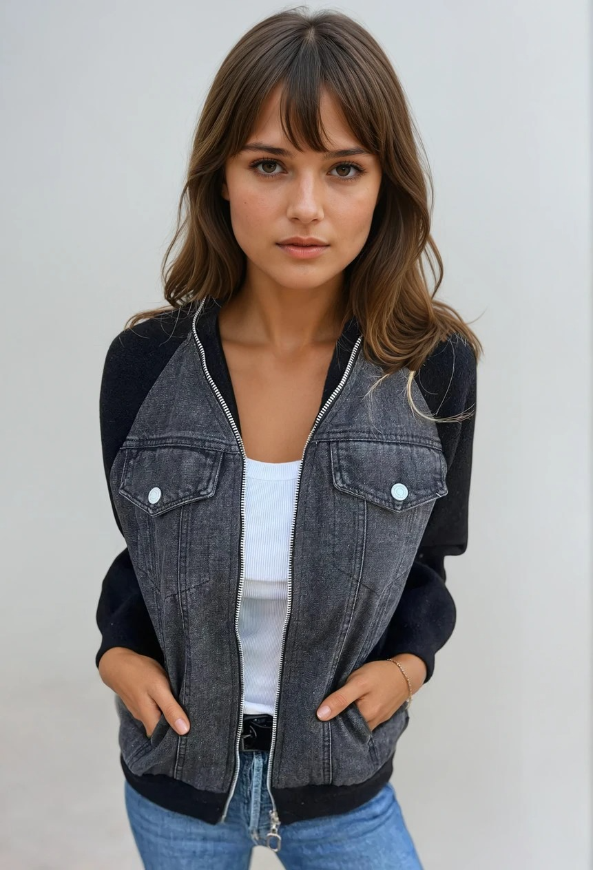 Veste Femme Bomber en Jean et Manches Tricotées Classique 1