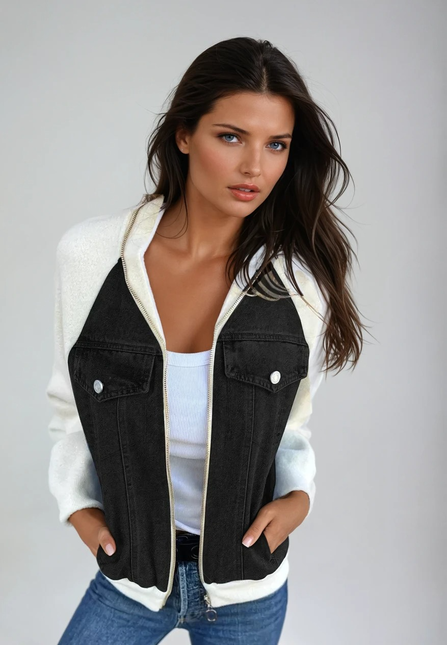 Veste Femme Bomber en Jean et Manches Tricotées Classique 2