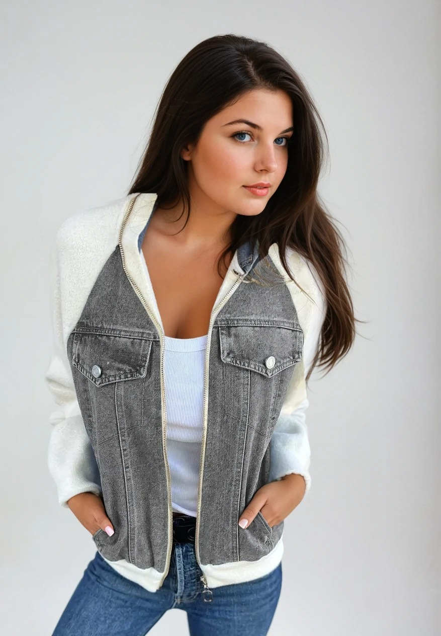 Veste Femme Bomber en Jean et Manches Tricotées Classique 3