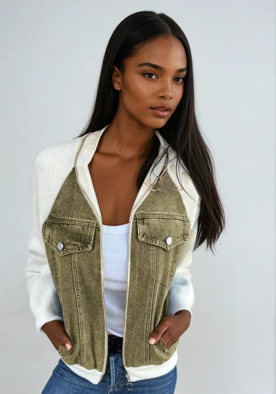 Veste Femme Bomber en Jean et Manches Tricotées Classique 4