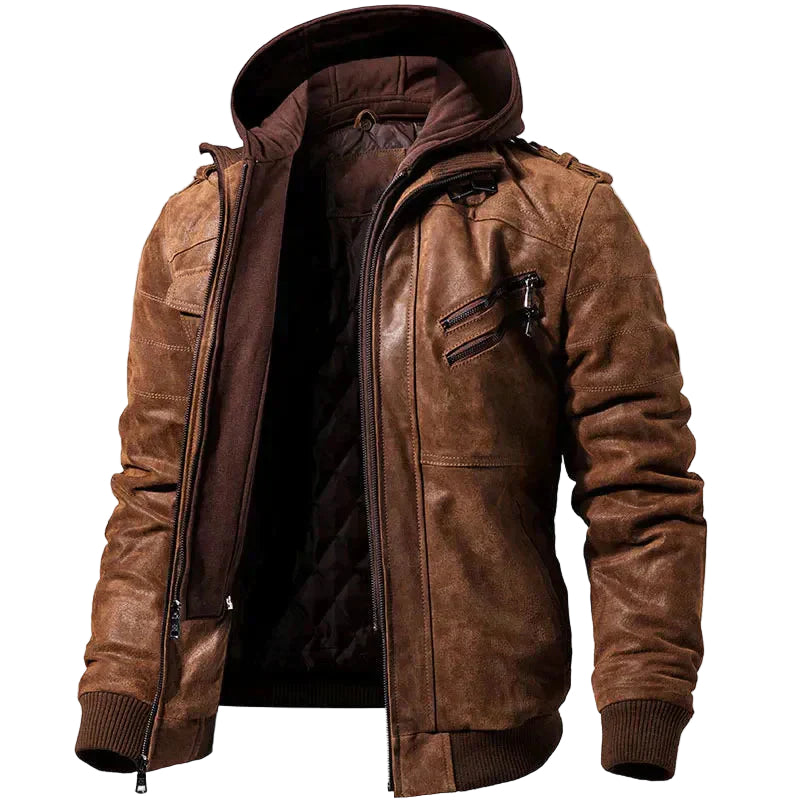Veste d'hiver en cuir pour hommes avec capuche 0