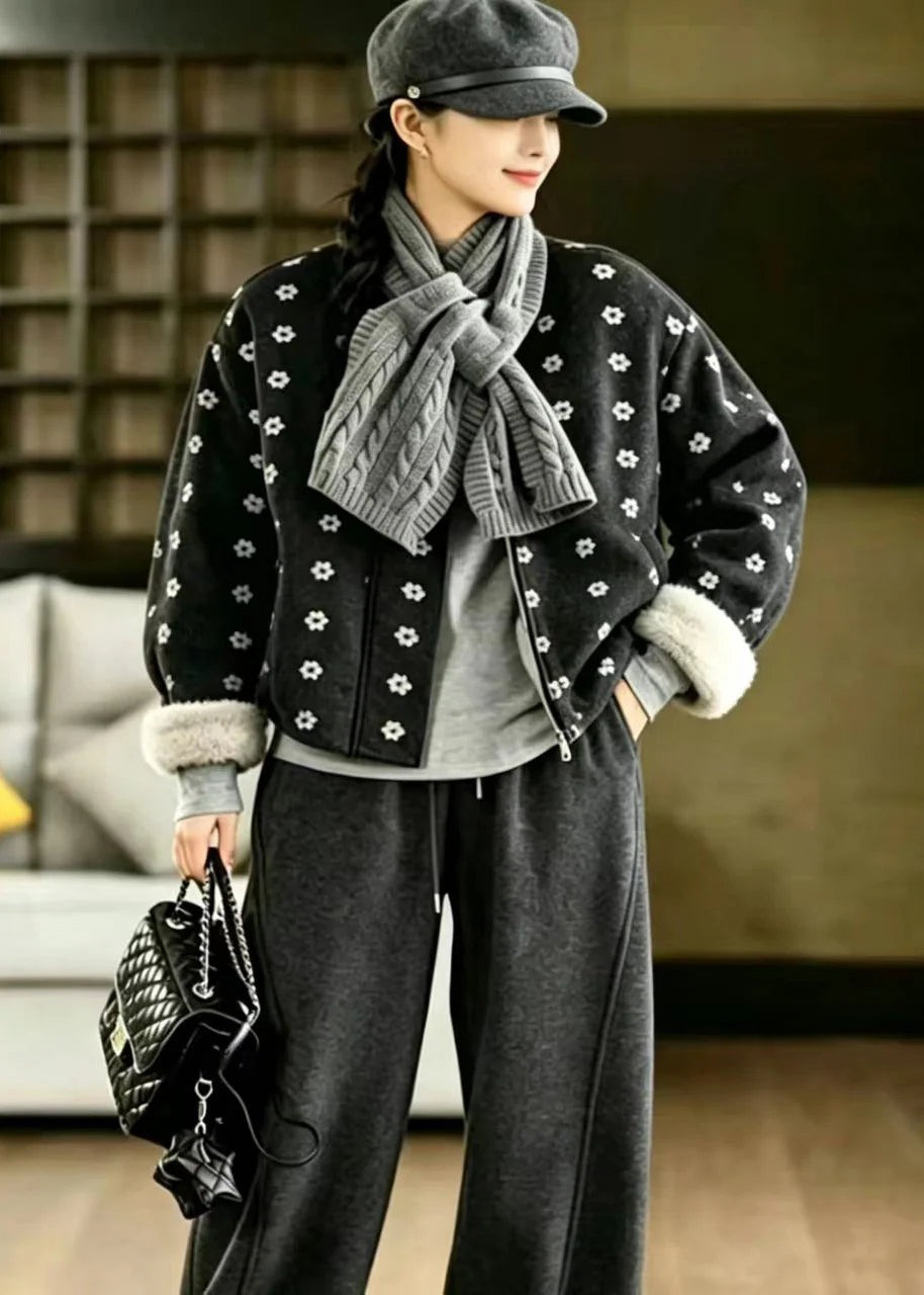 Veste d'hiver femme à col rond imprimé avec écharpe 1