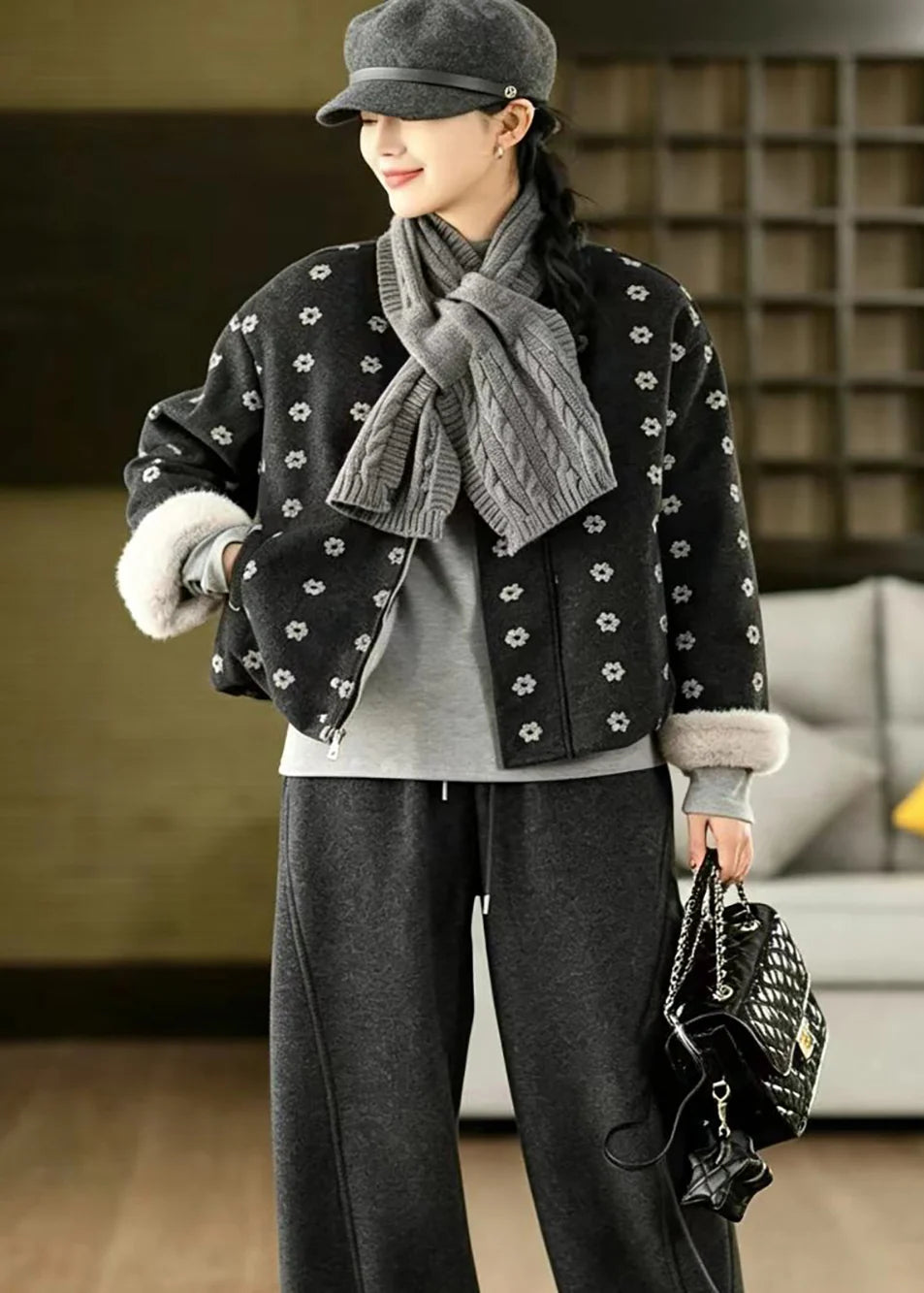 Veste d'hiver femme à col rond imprimé avec écharpe 2