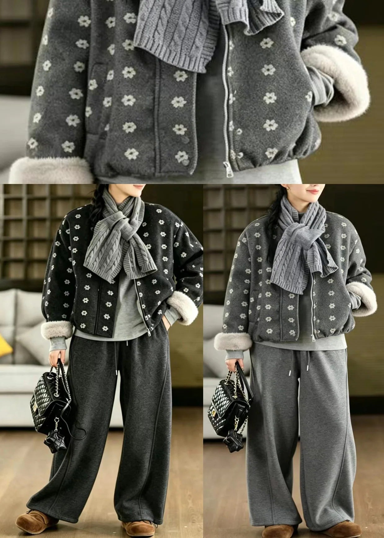 Veste d'hiver femme à col rond imprimé avec écharpe 4