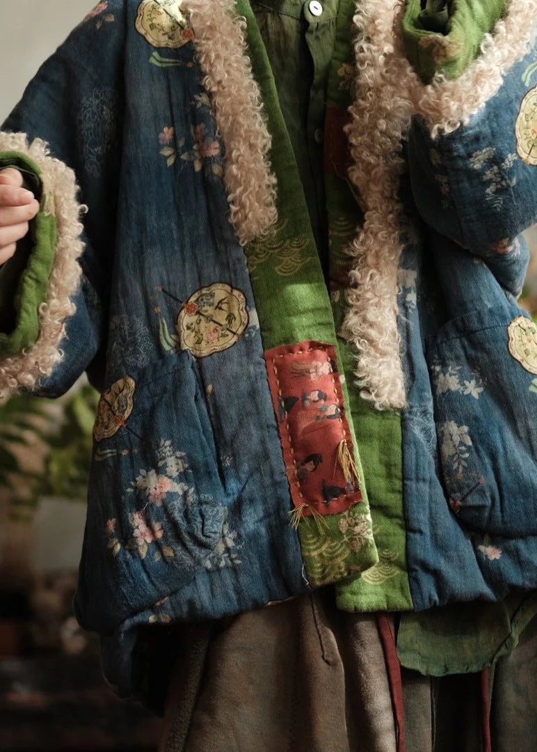 Veste d'hiver femme ample avec poches imprimées et patchwork en fausse fourrure 4