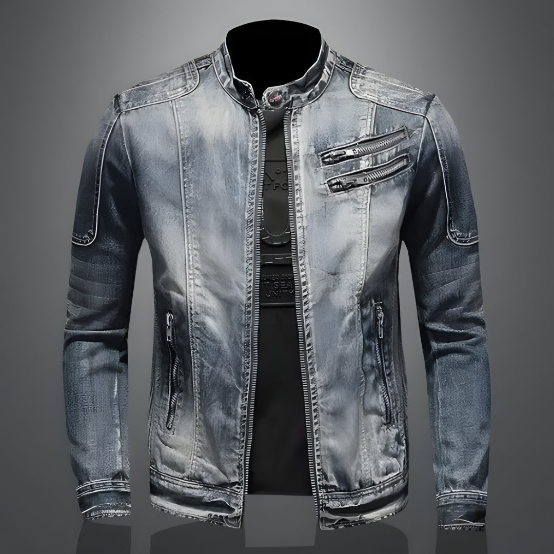 Veste en Jean Homme Style Motard Classique Ajustée 1