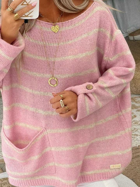 Pull Femme Chic à Rayures Manches Longues en Mélange Acrylique-2