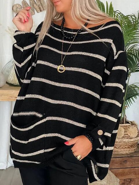 Pull Femme Chic à Rayures Manches Longues en Mélange Acrylique-3