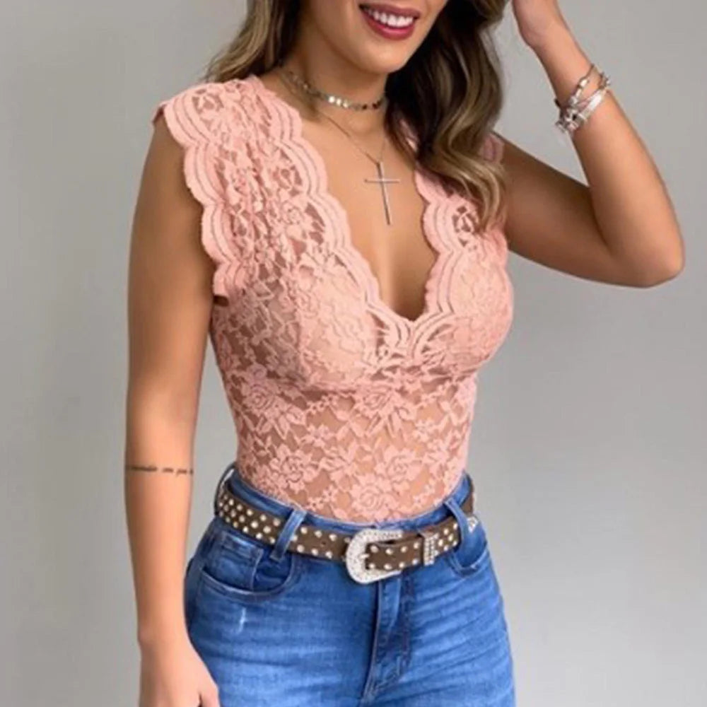 Haut Femme Chic Dentelle Col en V 100% Coton 1