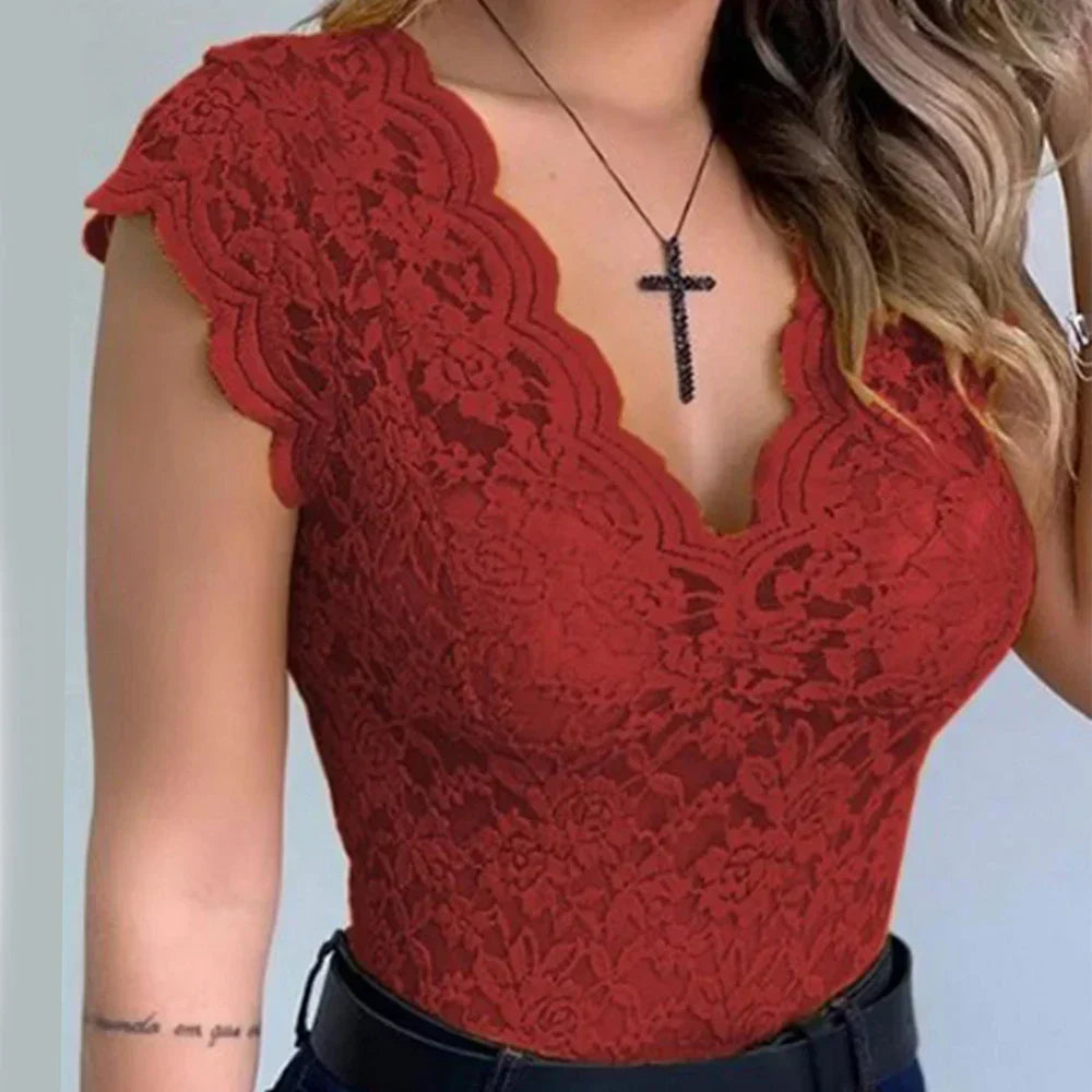 Haut Femme Chic Dentelle Col en V 100% Coton 3