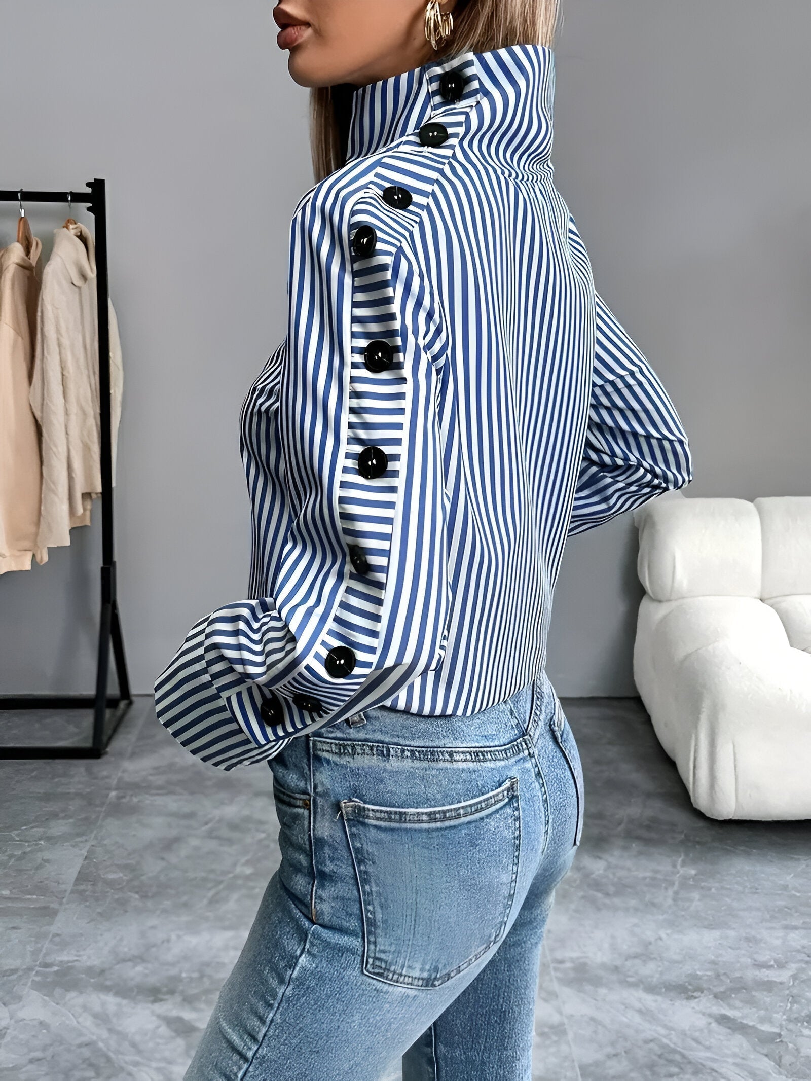 Chemise Femme Chic à Rayures Col Haut 100% Coton-5