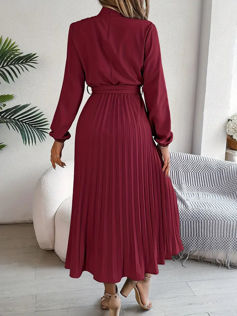 Robe Femme Longue Élégante Monochrome avec Col Sophistiqué en Polyester-5