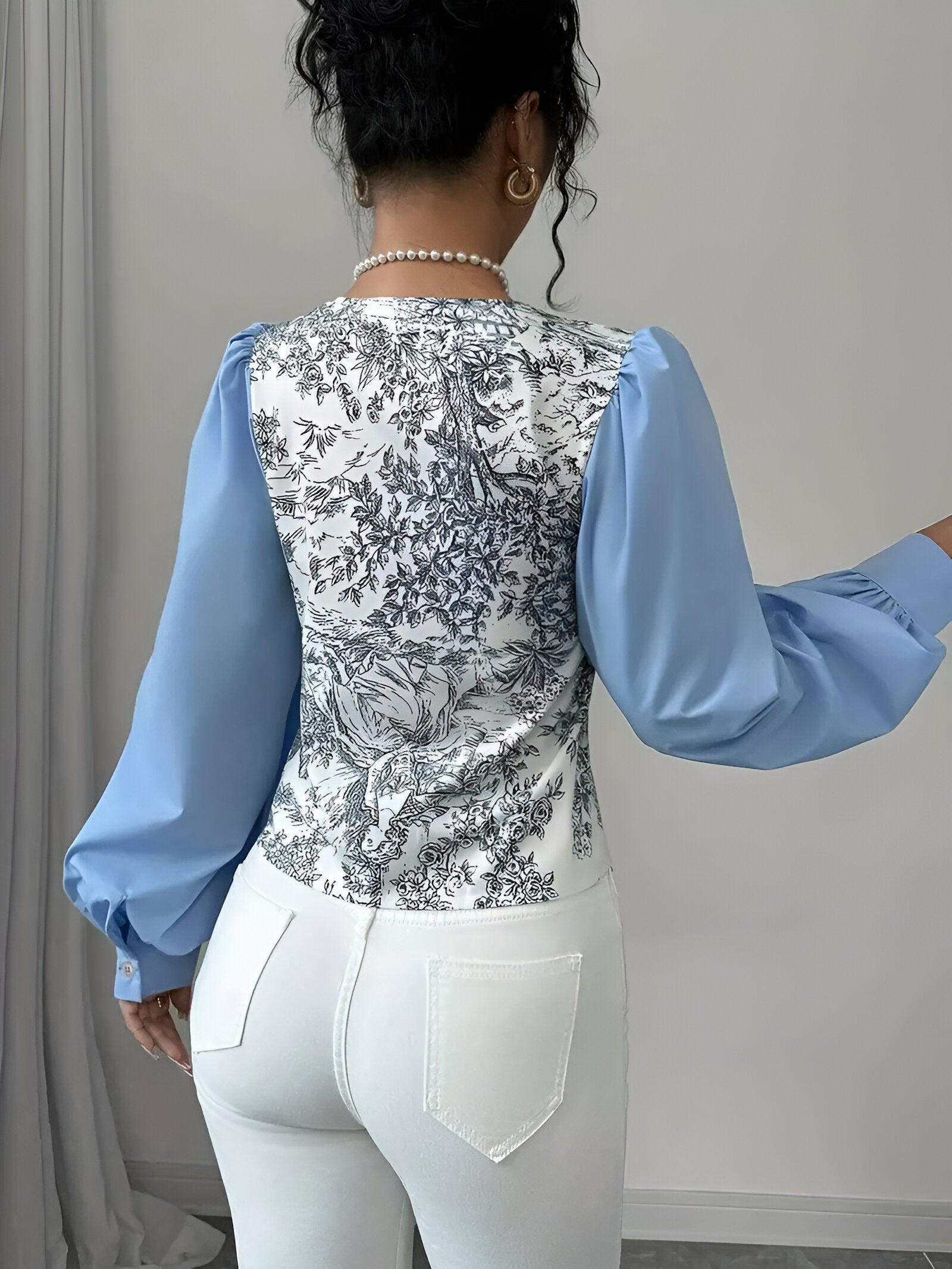 Blouse Femme Col en V Manches de Lanterne Imprimé Floral 100% Polyester-6