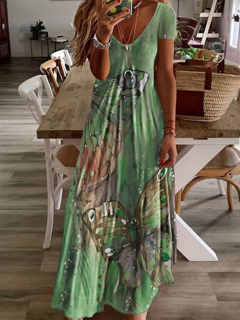 Variant image for Robe Femme Longue Col en V Imprimé Papillon 100% Polyester-41