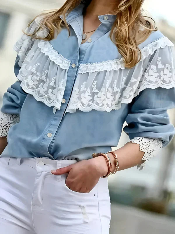 Chemise en Jean Femme Éléganter Détails en Dentelle Denim-3
