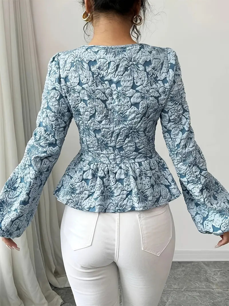 Chemisier Femme Chic à Motif Floral avec Manches Gonflées en Tissu Léger-4