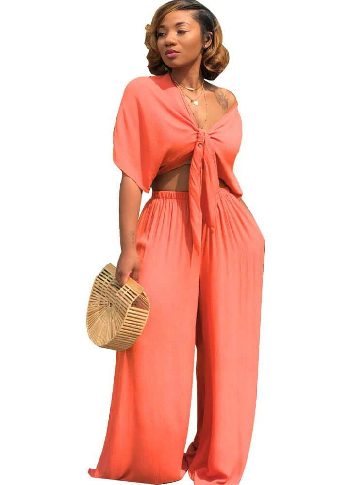 Ensemble pantalon droit et top court avec nœud papillon
