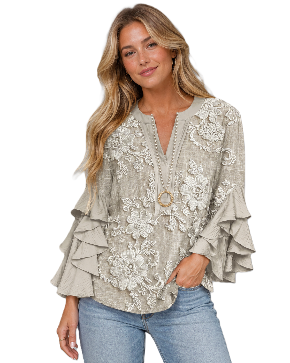 Blusar femme à motif floral et ourlets à volants