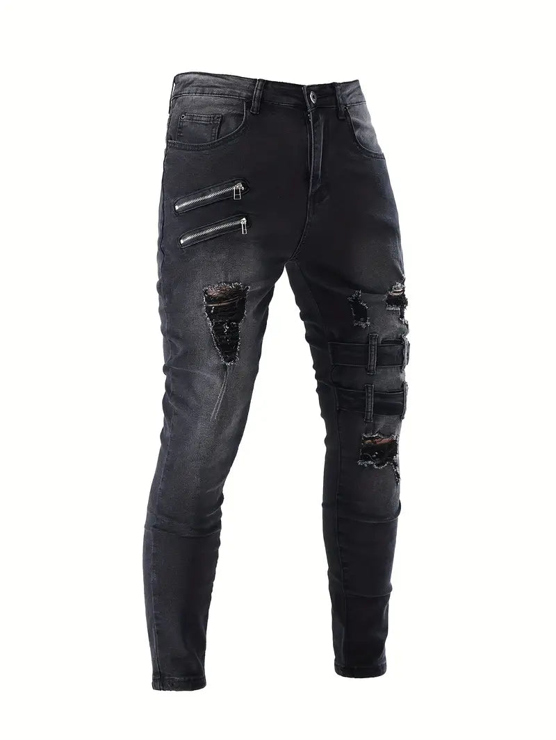 Jean Décontracté Homme Style Motard en Denim-5